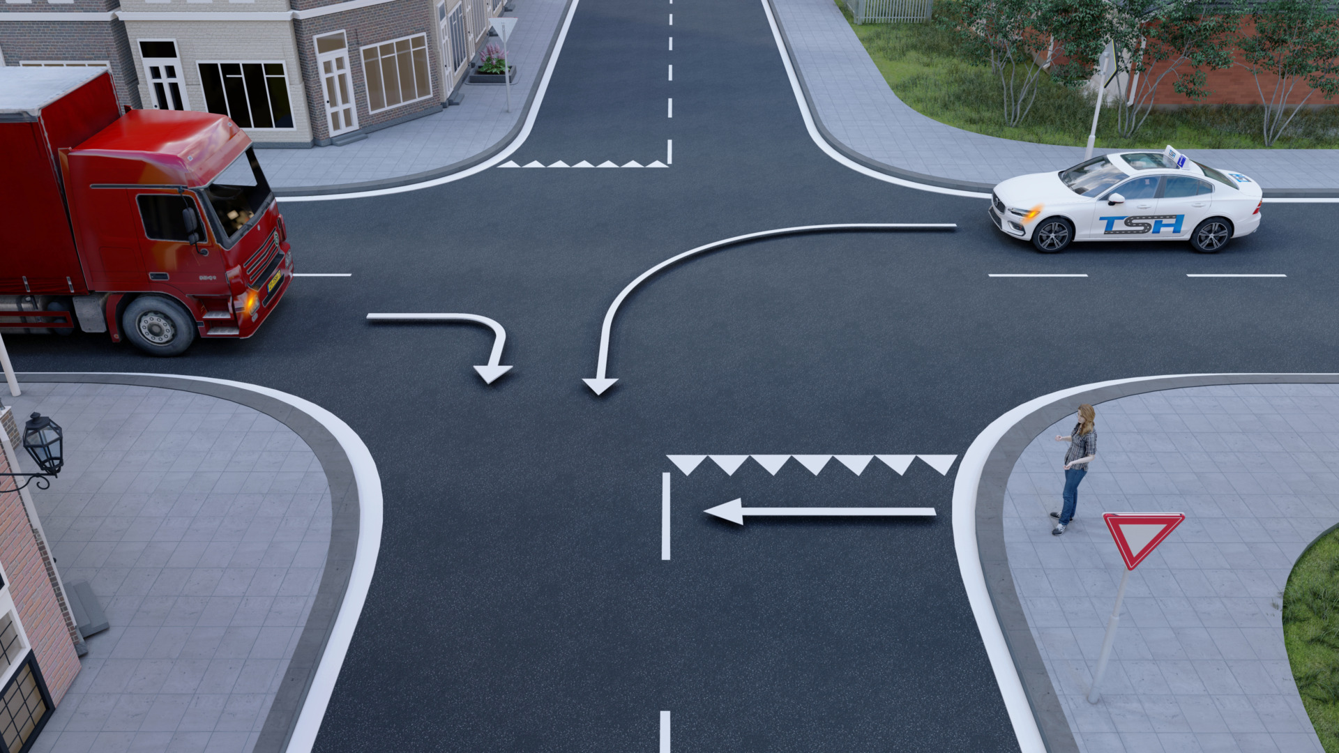 Voorrangsregels bij het oversteken van een kruispunt - persoon, vrachtwagen en auto