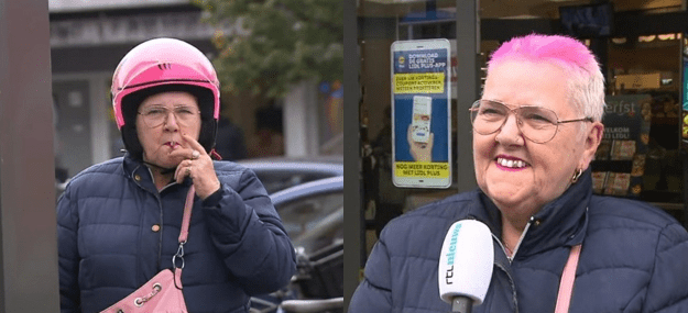 Screenshot 2023-09-24 111519 Twee foto's van een vrouw van gemiddelde leeftijd met roze haar en een roze scooterhelm.