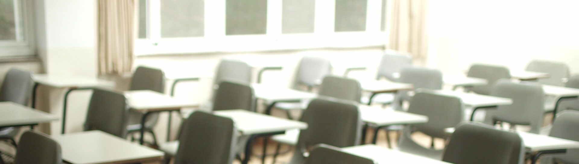 Een aantal rijen stoelen in een klaslokaal.