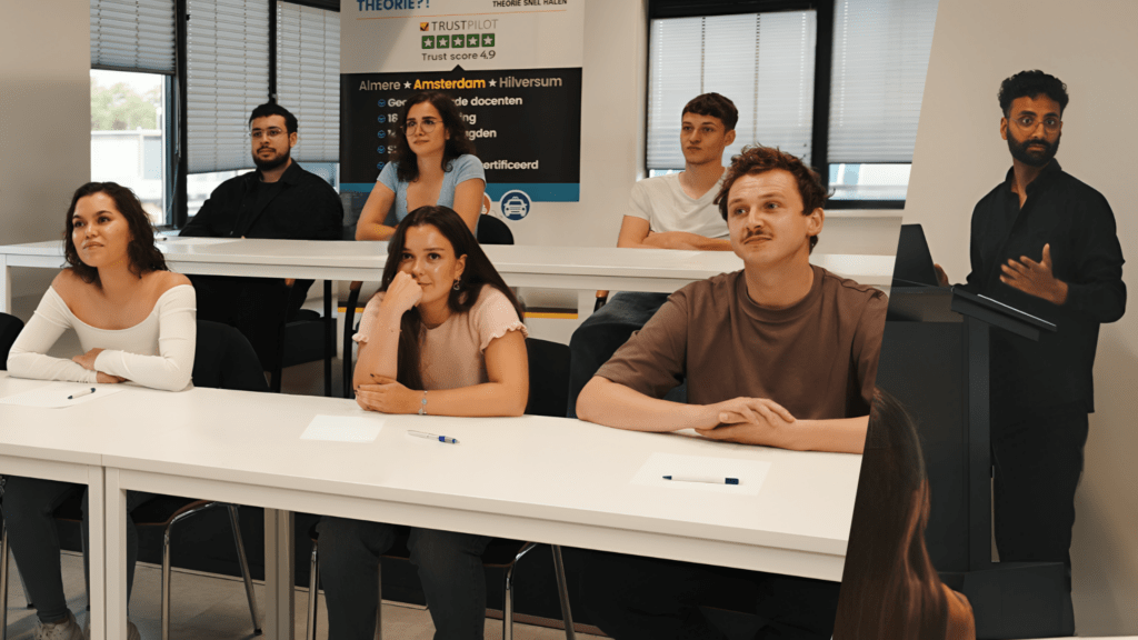 Een groep leerlingen die klassikaal theorie les volgen op locatie van een docent.