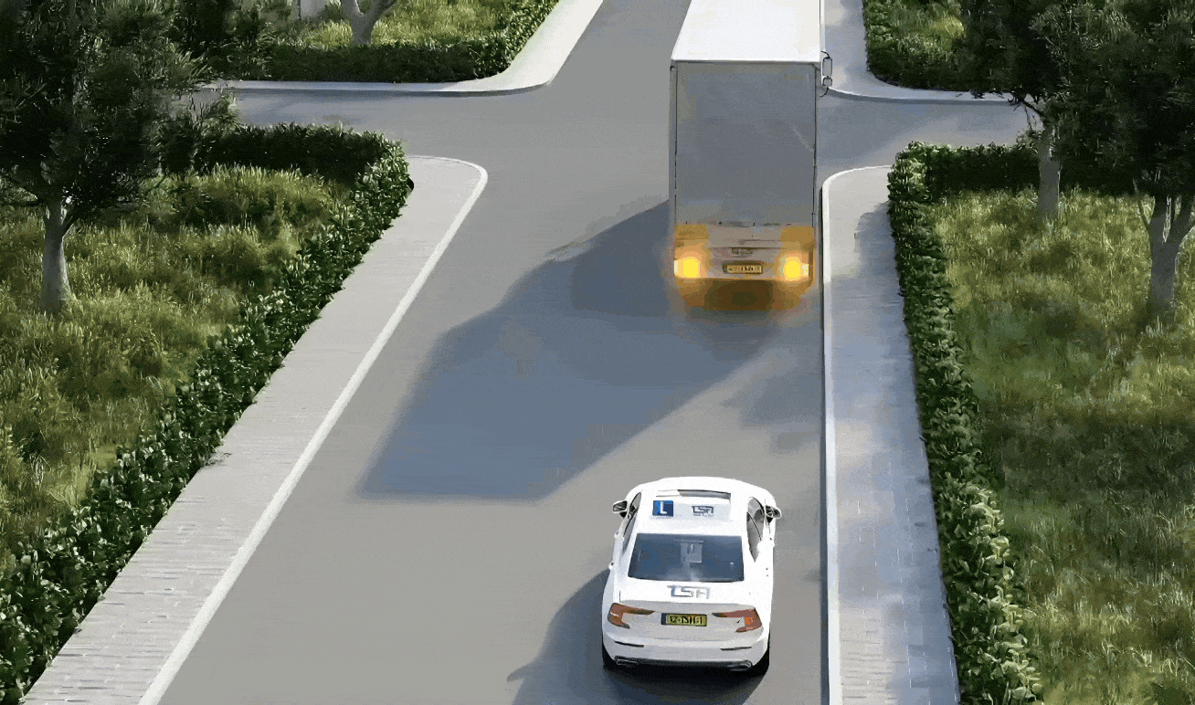 Animatie van drie verkeerssituaties met examen vragen.